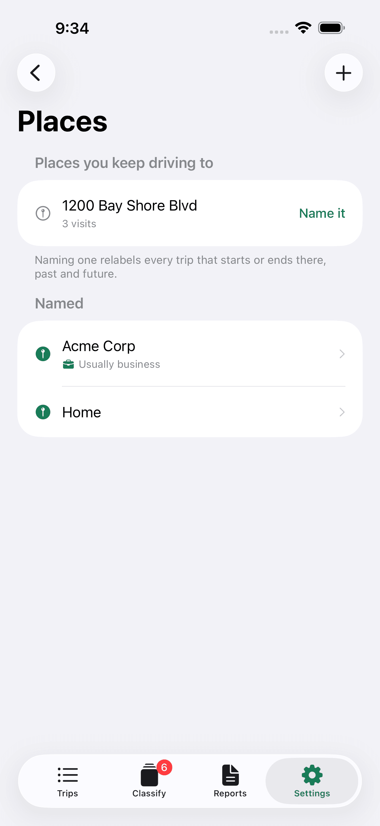 The places screen offering to name a spot the app noticed had been visited three times