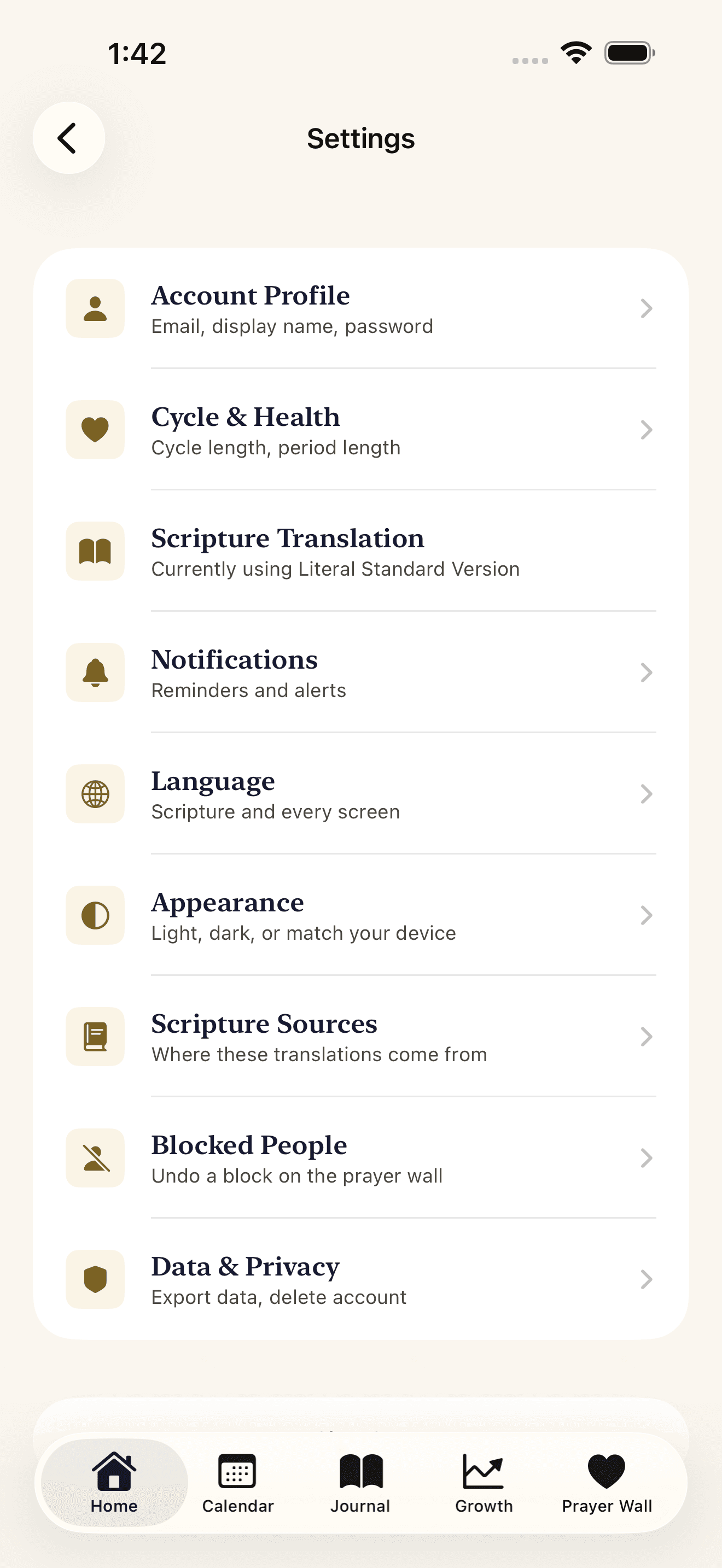 Settings, including language and the Data and Privacy section that holds export and account deletion